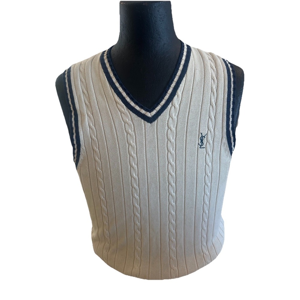 Yves Saint Laurent YSL Cable Knit Tennis Sweater Vest Cream Navy Size Medium